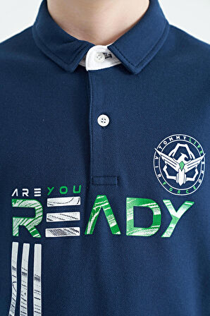 İndigo Yazı Baskı Desenli Standart Kalıp Polo Yaka Erkek Çocuk T-Shirt - 11143