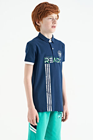 İndigo Yazı Baskı Desenli Standart Kalıp Polo Yaka Erkek Çocuk T-Shirt - 11143