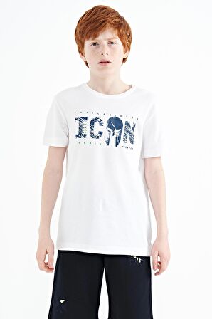 Beyaz Ön Yazı Nakışlı O Yaka Standart Kalıp Erkek  Çocuk T-Shirt - 11118 | 5-6 Yaş