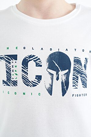 Beyaz Ön Yazı Nakışlı O Yaka Standart Kalıp Erkek  Çocuk T-Shirt - 11118 | 5-6 Yaş
