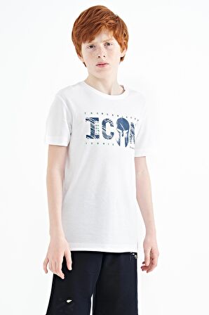 Beyaz Ön Yazı Nakışlı O Yaka Standart Kalıp Erkek  Çocuk T-Shirt - 11118 | 5-6 Yaş