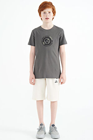 Koyu Gri Nakış İşleme Detaylı O Yaka Standart Kalıp Erkek Çocuk T-Shirt - 11115 | 3-4 Yaş