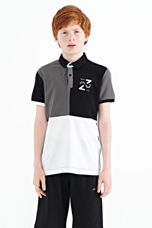 Koyu Gri Renk Bloklu Nakış Detaylı Standart Kalıp Polo Yaka Erkek Çocuk T-Shirt - 11108 | 12-13 Yaş