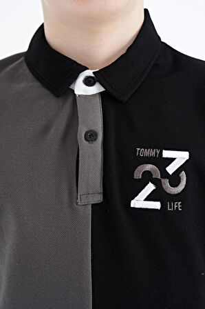 Koyu Gri Renk Bloklu Nakış Detaylı Standart Kalıp Polo Yaka Erkek Çocuk T-Shirt - 11108 | 12-13 Yaş