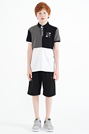 Koyu Gri Renk Bloklu Nakış Detaylı Standart Kalıp Polo Yaka Erkek Çocuk T-Shirt - 11108 | 12-13 Yaş