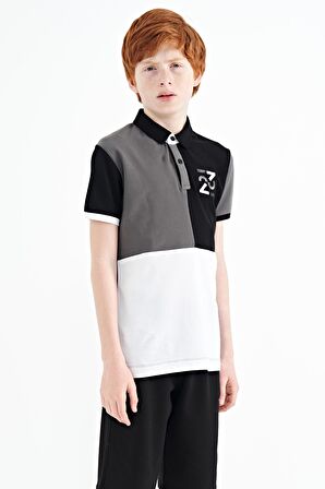 Koyu Gri Renk Bloklu Nakış Detaylı Standart Kalıp Polo Yaka Erkek Çocuk T-Shirt - 11108 | 12-13 Yaş