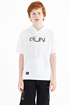 Beyaz Kanguru Cepli Kapüşonlu Oversize Erkek Çocuk T-Shirt - 11160 | 7-8 Yaş