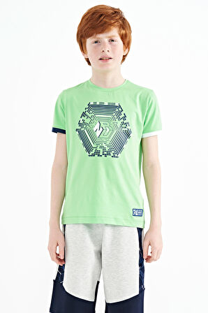 Neon Yeşil Kol Ucu Renkli Detaylı Baskılı Standart Kalıp Erkek Çocuk T-Shirt - 11156 | 3-4 Yaş