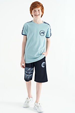 Açık Mavi Omuz Baskı Detaylı Standart Kalıp O Yaka Erkek Çocuk T-Shirt - 11121 | 10-11 Yaş