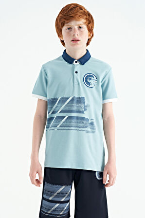Açık Mavi Baskı Detaylı Polo Yaka Standart Kalıp Erkek Çocuk T-Shirt - 11094 | 14-15 Yaş
