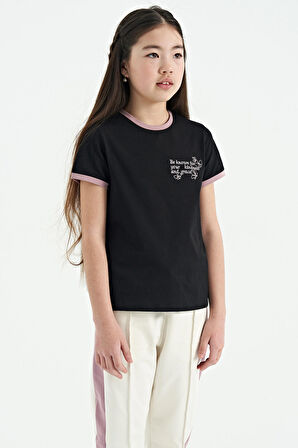 Siyah Minimal Yazı Baskılı O Yaka Rahat Form Kısa Kollu Kız Çocuk T-Shirt - 75110 | 8-9 Yaş