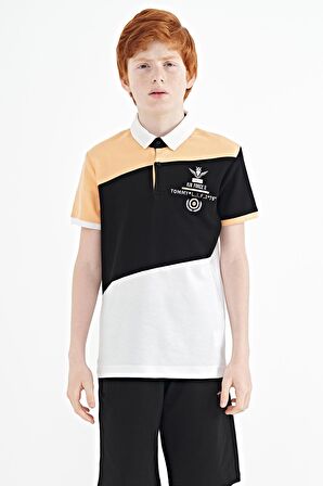 Beyaz Renk Bloklu Nakış Detaylı Standart Kalıp Polo Yaka Erkek Çocuk T-Shirt - 11088 | 13-14 Yaş