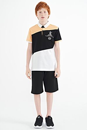 Beyaz Renk Bloklu Nakış Detaylı Standart Kalıp Polo Yaka Erkek Çocuk T-Shirt - 11088 | 13-14 Yaş