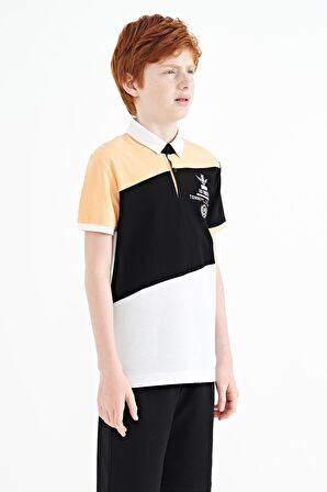 Beyaz Renk Bloklu Nakış Detaylı Standart Kalıp Polo Yaka Erkek Çocuk T-Shirt - 11088 | 13-14 Yaş