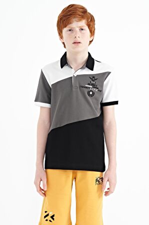 Siyah Renk Bloklu Nakış Detaylı Standart Kalıp Polo Yaka Erkek Çocuk T-Shirt - 11088 | 14-15 Yaş