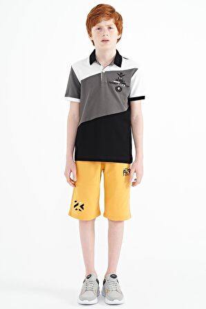 Siyah Renk Bloklu Nakış Detaylı Standart Kalıp Polo Yaka Erkek Çocuk T-Shirt - 11088 | 14-15 Yaş