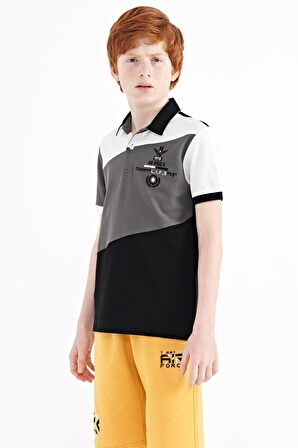Siyah Renk Bloklu Nakış Detaylı Standart Kalıp Polo Yaka Erkek Çocuk T-Shirt - 11088 | 14-15 Yaş