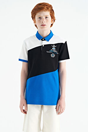 Saks Renk Bloklu Nakış Detaylı Standart Kalıp Polo Yaka Erkek Çocuk T-Shirt - 11088 | 14-15 Yaş