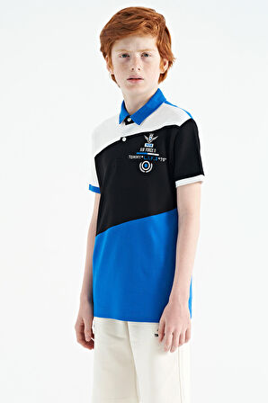 Saks Renk Bloklu Nakış Detaylı Standart Kalıp Polo Yaka Erkek Çocuk T-Shirt - 11088 | 14-15 Yaş