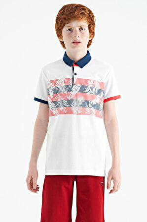 Beyaz Baskı Detaylı Standart Kalıp Polo Yaka  Erkek Çocuk T-Shirt - 11101 | 14-15 Yaş