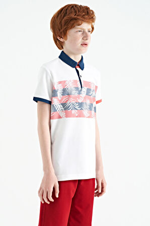 Beyaz Baskı Detaylı Standart Kalıp Polo Yaka  Erkek Çocuk T-Shirt - 11101 | 14-15 Yaş