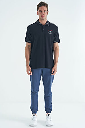 Lacivert Yazı Nakışlı Baskı Detaylı Standart Kalıp Polo Yaka Erkek T-Shirt - 88239