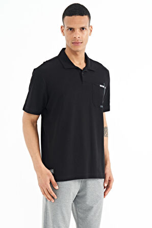 Siyah Cep Detaylı Baskılı Standart Kalıp Polo Yaka Erkek T-Shirt - 88241 | M