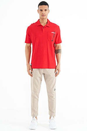 Kırmızı Cep Detaylı Baskılı Standart Kalıp Polo Yaka Erkek T-Shirt - 88241 | S