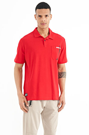 Kırmızı Cep Detaylı Baskılı Standart Kalıp Polo Yaka Erkek T-Shirt - 88241 | S