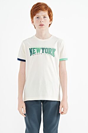 Ekru Yazı Baskılı Standart Kalıp O Yaka Erkek  Çocuk T-Shirt - 11105 | 14-15 Yaş