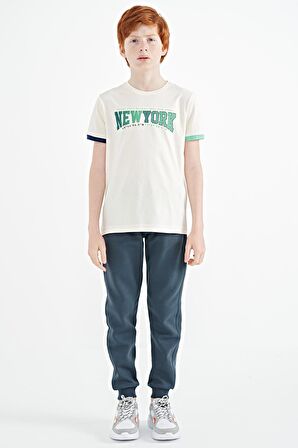 Ekru Yazı Baskılı Standart Kalıp O Yaka Erkek  Çocuk T-Shirt - 11105 | 14-15 Yaş