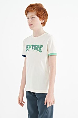 Ekru Yazı Baskılı Standart Kalıp O Yaka Erkek  Çocuk T-Shirt - 11105 | 14-15 Yaş