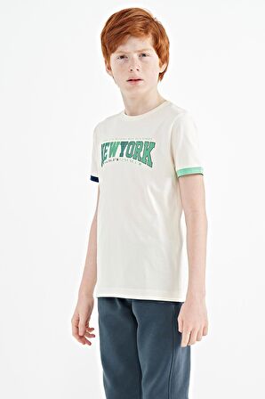 Ekru Yazı Baskılı Standart Kalıp O Yaka Erkek  Çocuk T-Shirt - 11105 | 12-13 Yaş
