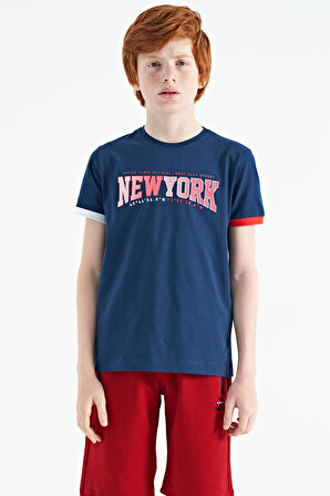 İndigo Yazı Baskılı Standart Kalıp O Yaka Erkek  Çocuk T-Shirt - 11105