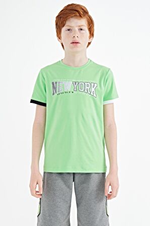 Neon Yeşil Yazı Baskılı Standart Kalıp O Yaka Erkek  Çocuk T-Shirt - 11105 | 12-13 Yaş