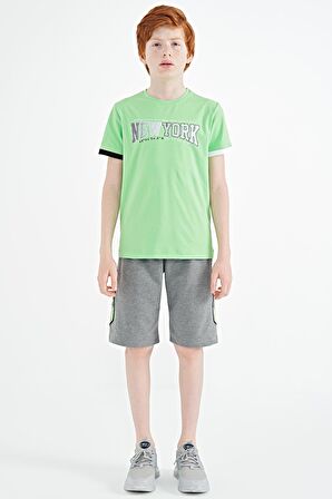 Neon Yeşil Yazı Baskılı Standart Kalıp O Yaka Erkek  Çocuk T-Shirt - 11105 | 12-13 Yaş