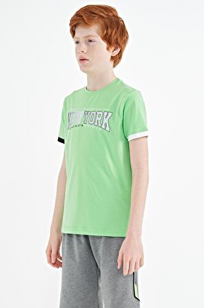 Neon Yeşil Yazı Baskılı Standart Kalıp O Yaka Erkek  Çocuk T-Shirt - 11105 | 12-13 Yaş