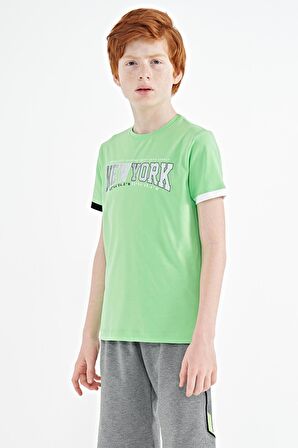 Neon Yeşil Yazı Baskılı Standart Kalıp O Yaka Erkek  Çocuk T-Shirt - 11105 | 12-13 Yaş