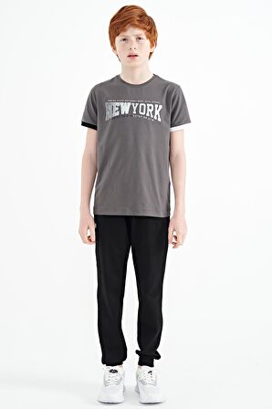 Koyu Gri Yazı Baskılı Standart Kalıp O Yaka Erkek  Çocuk T-Shirt - 11105 | 12-13 Yaş