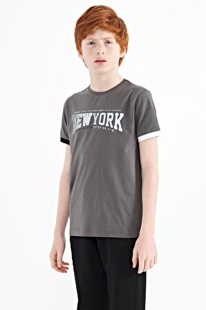 Koyu Gri Yazı Baskılı Standart Kalıp O Yaka Erkek  Çocuk T-Shirt - 11105 | 12-13 Yaş