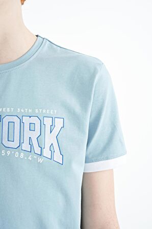 Açık Mavi Yazı Baskılı Standart Kalıp O Yaka Erkek  Çocuk T-Shirt - 11105 | 13-14 Yaş
