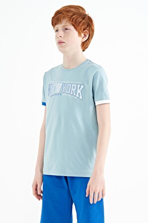 Açık Mavi Yazı Baskılı Standart Kalıp O Yaka Erkek  Çocuk T-Shirt - 11105 | 13-14 Yaş