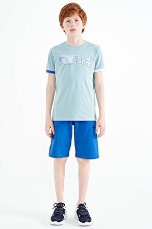 Açık Mavi Yazı Baskılı Standart Kalıp O Yaka Erkek  Çocuk T-Shirt - 11105 | 9-10 Yaş