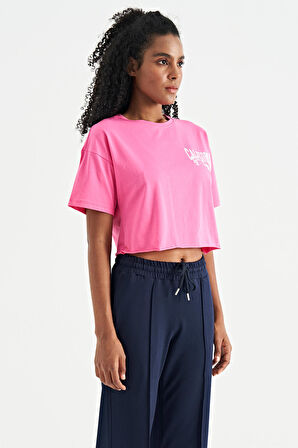 Şeker Pembe Baskılı Düşük Kol Detaylı Oversize Kadın Crop T-Shirt - 02179 | L