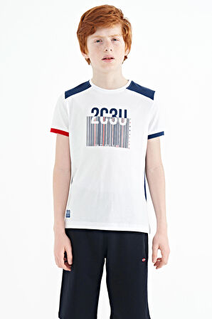 Beyaz Baskı Detaylı O Yaka Standart Kalıp Erkek Çocuk T-Shirt - 11157 | 9-10 Yaş