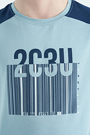 Açık Mavi Baskı Detaylı O Yaka Standart Kalıp Erkek Çocuk T-Shirt - 11157 | 12-13 Yaş