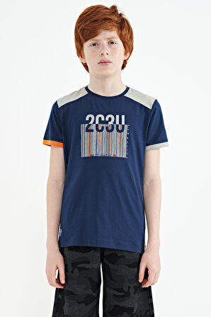 İndigo Baskı Detaylı O Yaka Standart Kalıp Erkek Çocuk T-Shirt - 11157