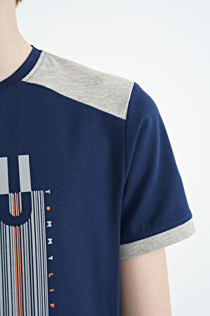 İndigo Baskı Detaylı O Yaka Standart Kalıp Erkek Çocuk T-Shirt - 11157