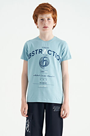Açık Mavi Yazı Baskı Detaylı O Yaka Standart Kalıp Erkek Çocuk T-Shirt - 11103 | 10-11 Yaş