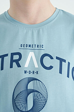 Açık Mavi Yazı Baskı Detaylı O Yaka Standart Kalıp Erkek Çocuk T-Shirt - 11103 | 10-11 Yaş
